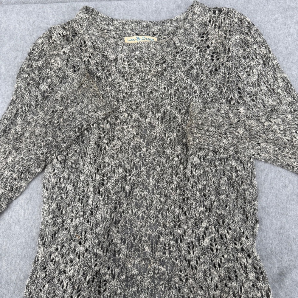 Love By Design Mens Black White Marled Knit Pointelle Crewneck Sweater Small